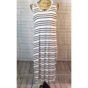 NWT Anandas Maxi Dress White Purple Stripes Pompom Neckline Sleeveless Medium